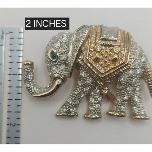 Estate Elephant Rhinestone Brooch Pin Vintage-Inspired W Green Eye~Hanging Charm - Picture 5 of 8